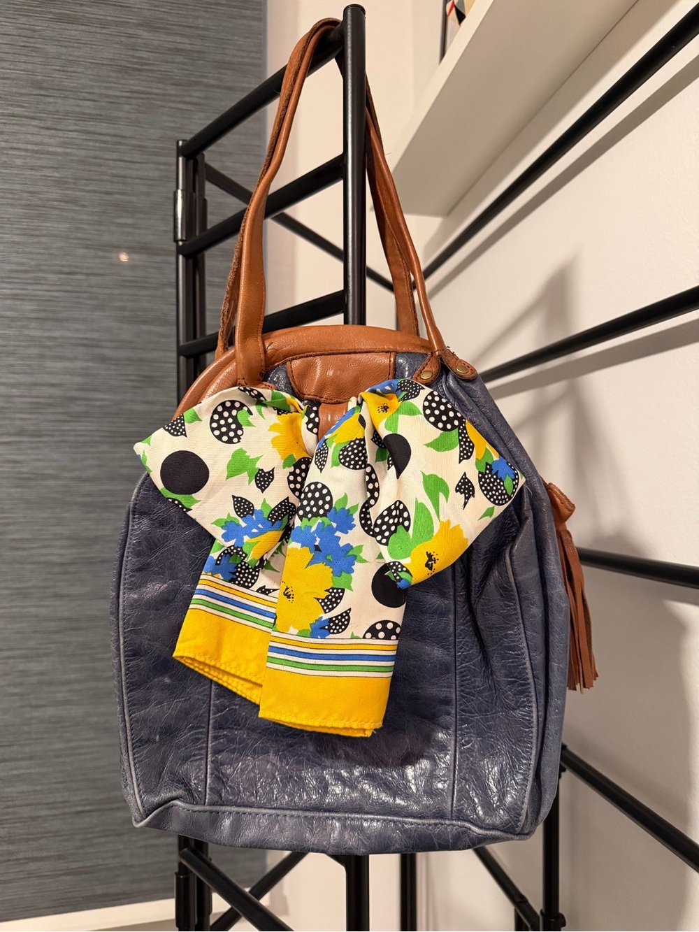 Leather handbag with Yellow Floral Scarf